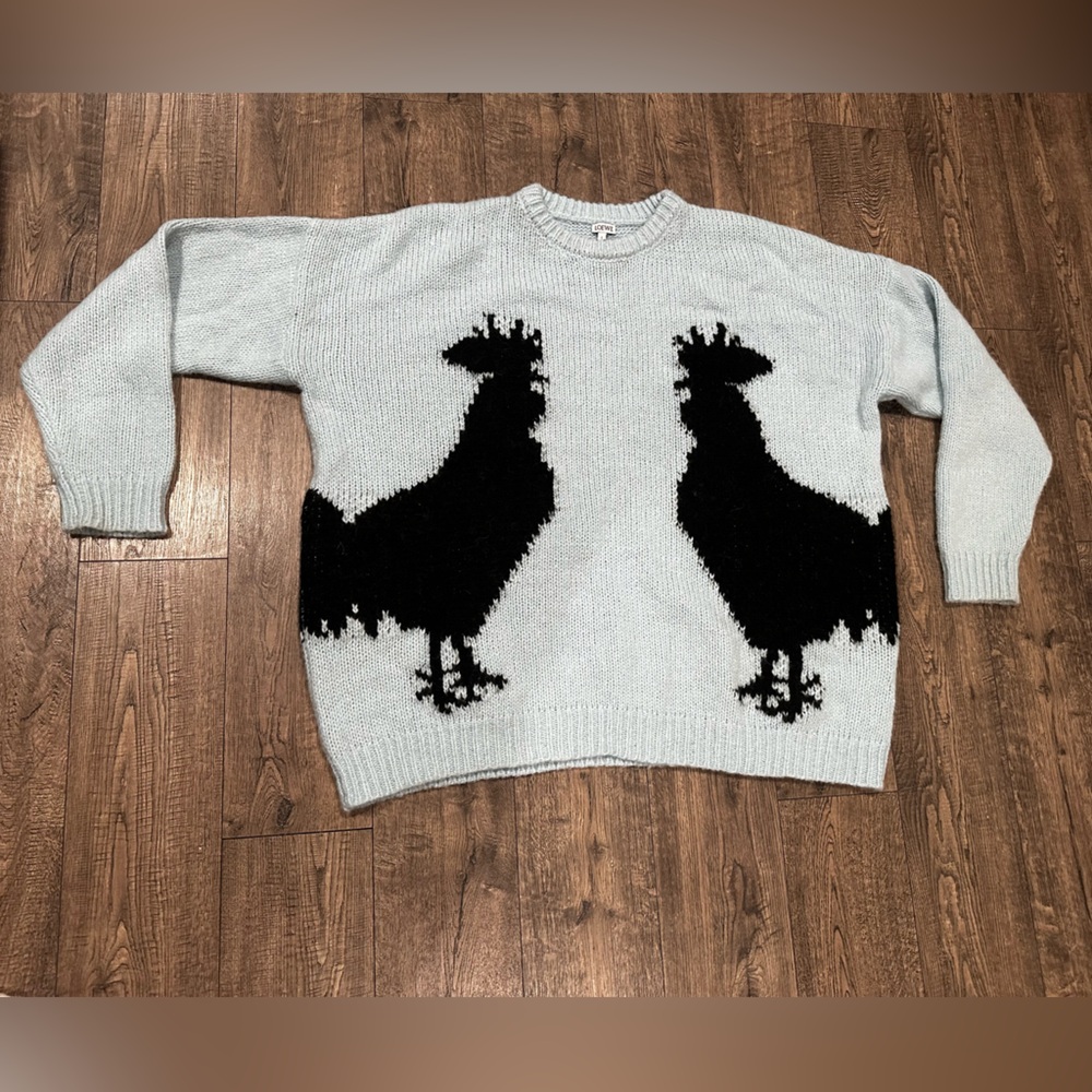 LOEWE Rooster Intarsia Mohair Blend Soft Light Blue Knit Sweater